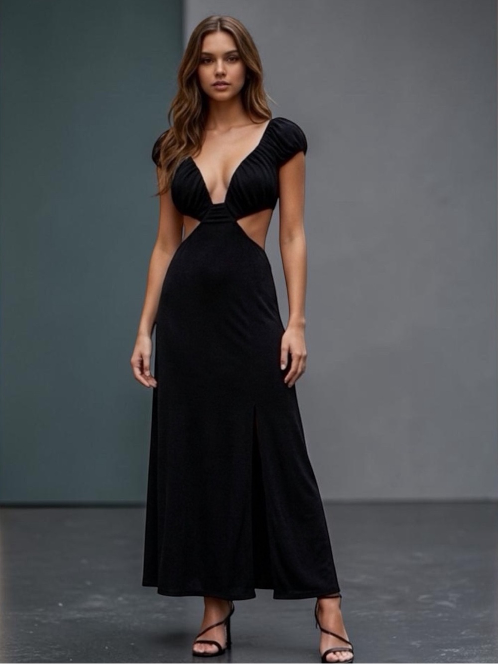 Hello Molly Black Cutout Open Back Puff Sleeve Maxi Dress Size Small